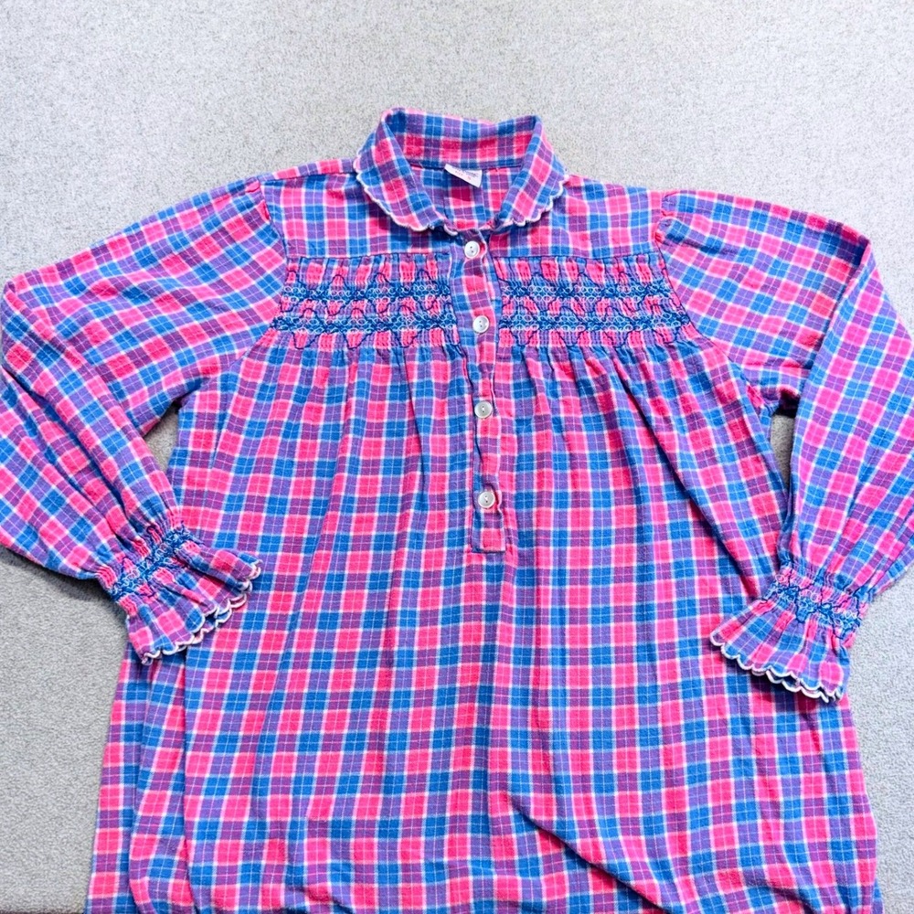 Vintage Jody Arden Flannel Nightgown Women S Pink Blue Plaid Smocked 100% Cotton